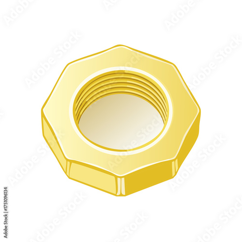 Shiny golden hexagonal nut with internal threads, isolated on white background