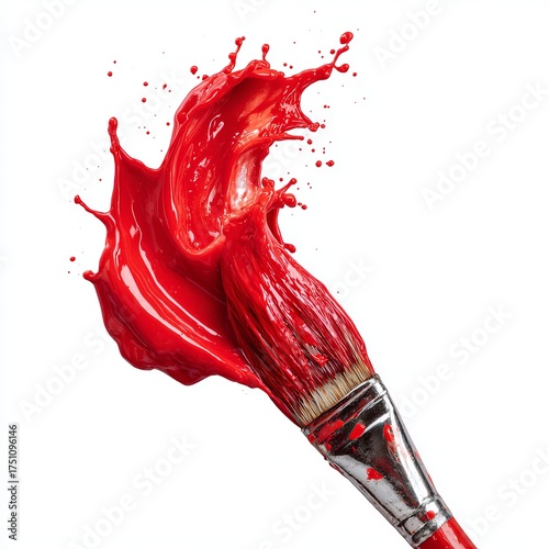 A vibrant burst of red paint emanates from a paintbrush, capturing a moment of artistic creation. The image radiates with energy and the dynamic nature of art