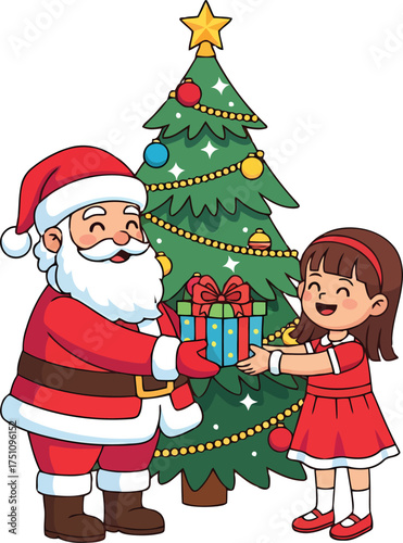 An expressive vector graphic showing a smiling Santa Claus making a child's Christmas dream come true by giving her a gift next to an adorned Christmas tree, full of holiday spirit