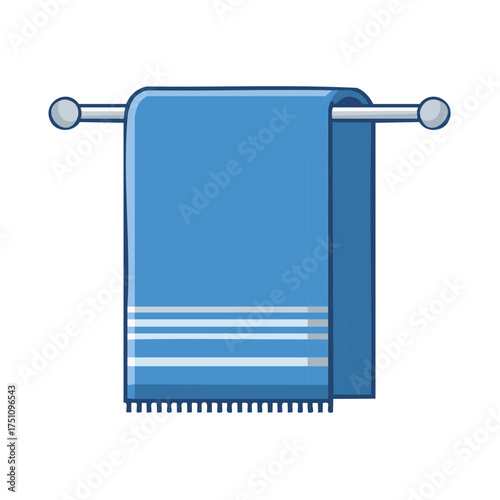 Clean blue striped bathroom towel hanging on a chrome holder vector icon