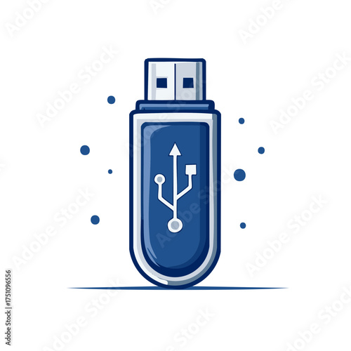 Blue USB flash drive cartoon vector illustration. Portable memory stick icon for data storage and transfer.
