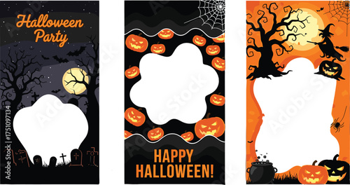 Halloween party photo booth frames, spooky haunted house, pumpkins, witch, ghost, bats, spider web, festive decoration, cad drawing flat vector illustration
