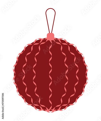 A red Christmas tree ornament with a simple design. A minimalist holiday decoration. Red Christmas ball is perfect for winter holidays, greeting cards, posters, and gifts. Realistic 3D effect. Vector