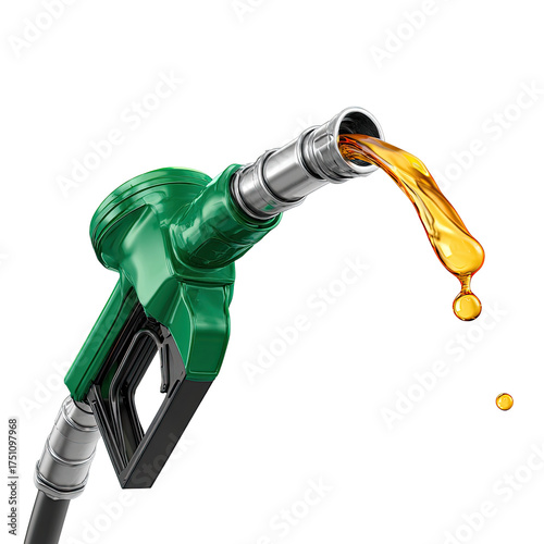 Close-up view of a green gas pump dispensing liquid fuel, droplets falling, black background