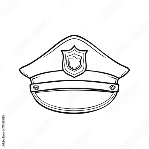 Police officer uniform cap illustration with badge, simple line art drawing of law enforcement hat
