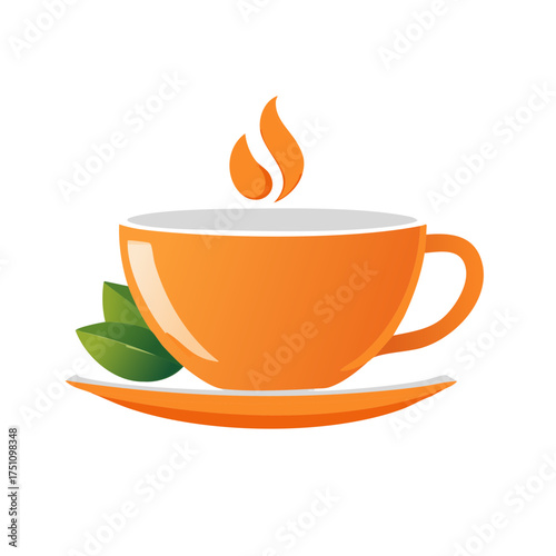 Orange Cup of Hot Drink with Leaves and Vapor - Beverage Icon Illustration