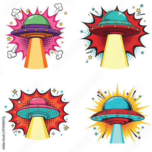 fun burst pop art ufo spaceship vector collection flat colorful comic style clip art on white background