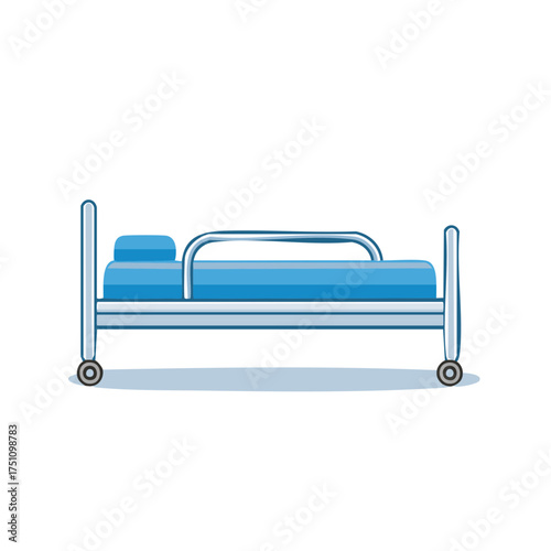 Simple illustration of a blue hospital bed with wheels and a railing