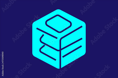 The image features a stylized 3D cube icon with geometric lines forming a layered, isometric design
