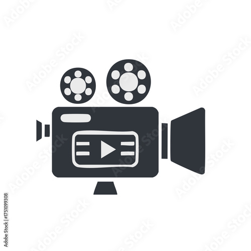 Retro camera illustration, cinema or video creation concept, with film reels, modern graphic design