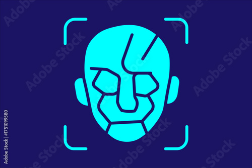 The image displays a stylized icon representing a futuristic or robotic face, rendered in a vibrant cyan/aqua color against a dark blue or indigo background.