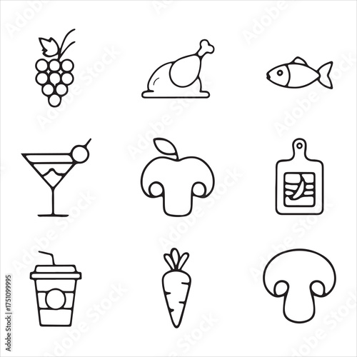 Simple line drawings of various food items and a cocktail glass