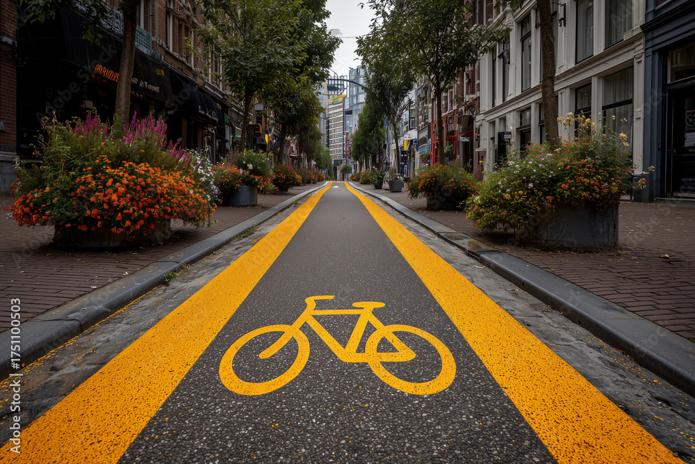 Obraz premium A bike lane is painted on the street with a yellow line