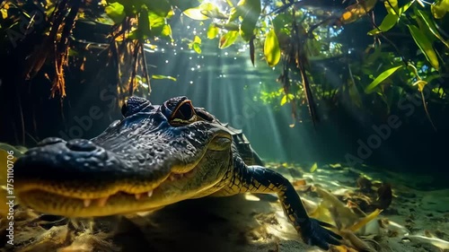Majestic Alligator Resting Underwater with Sunbeams.