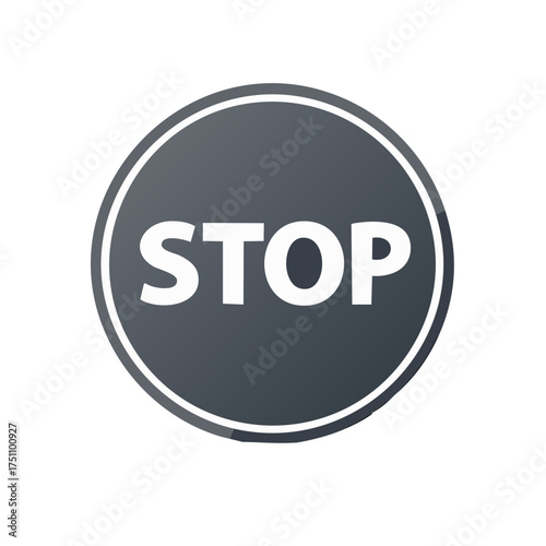 Graphic round stop sign with white text and grey circle, traffic warning symbol.