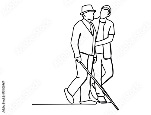 Continuous one line art of young man helping elderly man with cane crossing road, symbolizing care, compassion.