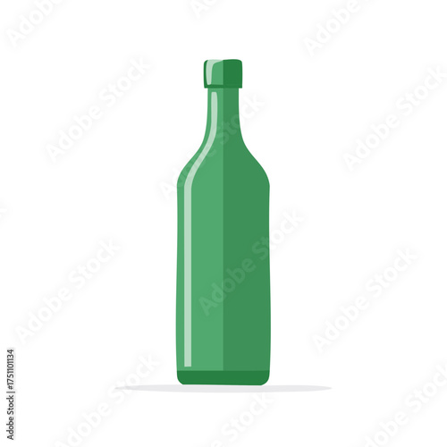 Single green bottle illustration, simple design, vector isolated element on white background.