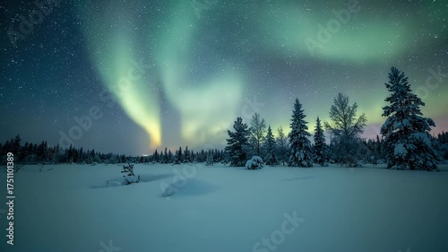 Majestic Aurora Borealis Dancing Over a Snow Covered Forest Landscape at Night with Starry Sky in Northern Regions during Winter Season