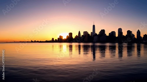 Majestic Cityscape at Sunrise Over Calm Water Reflections with Warm Golden Hues and Silhouetted Skyscrapers Under a Clear Gradient Sky Perfect for