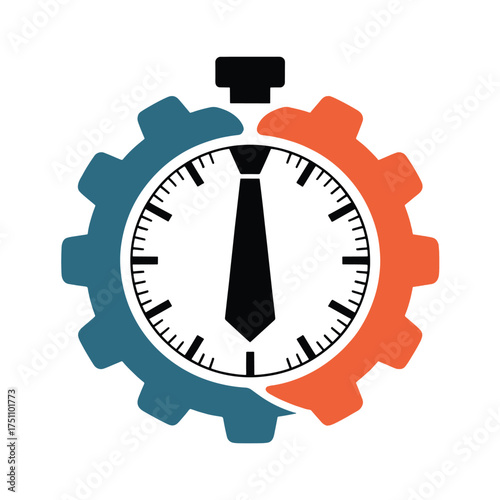 Gear shaped stopwatch with black tie inside on white background time clock