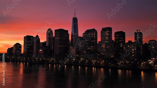 Majestic Cityscape Skyline at Sunset with Fiery Orange and Purple Hues Reflecting on Water Body and Illuminated Skyscrapers Symbolizing Urban Energy