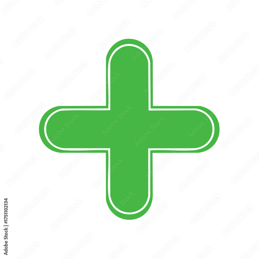 Fototapeta premium Simple green plus sign icon with rounded edges and white border symbolizing addition, help, and health