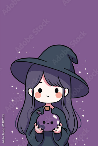 kawaii witch with oversized hat holding a smiling potion bottle vector illustration