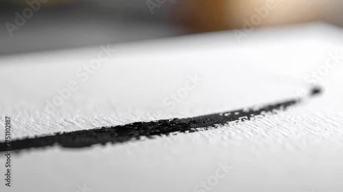 Macro View Of An Artist Drawing A Black Ink Line On Textured Paper.