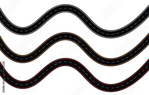Curved road vector set with red, orange, and white outlines on white background