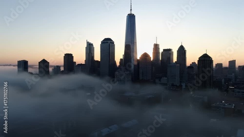 Majestic Downtown Skyscrapers Emerging Through Morning Fog with Clear Sunrise Sky Above and Low Clouds Obscuring Lower City Structures During Dawn