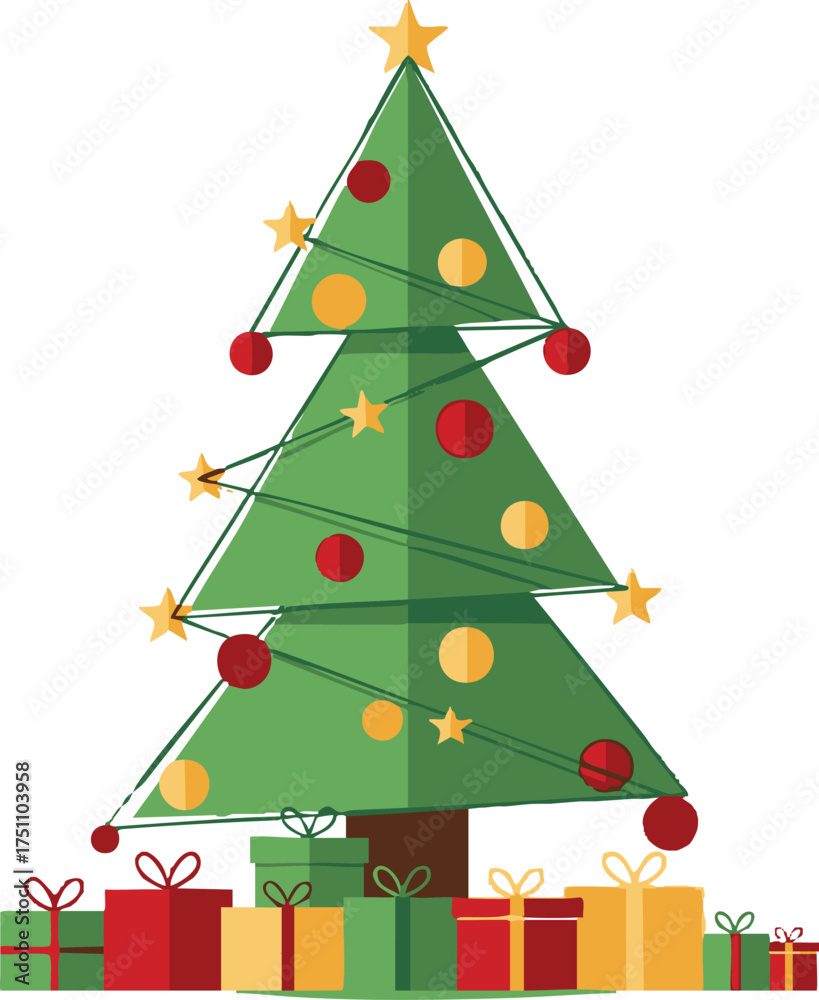 Naklejka premium Festive Christmas tree with twinkling stars, colorful ornaments, and warm lights, surrounded by cheerful wrapped gift boxes, symbolizing the joy of holiday celebrations