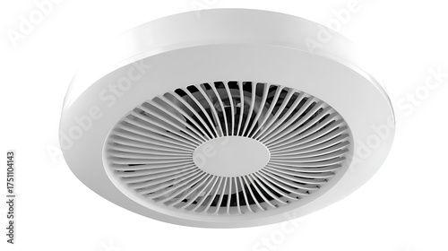 Close up of a white ceiling fan with circular vent design on white background