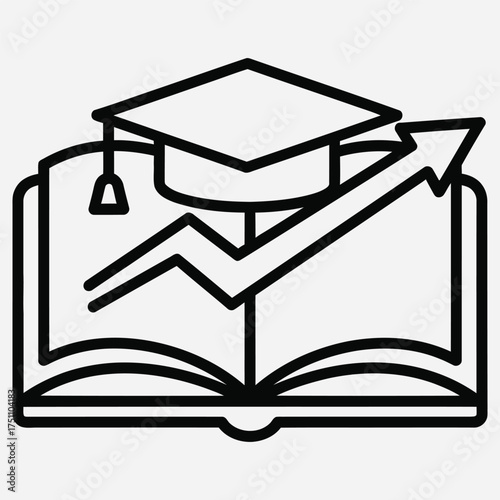 Open book with graduation cap and upward trending arrow symbolizing academic growth and educational success