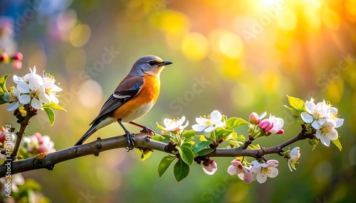 A colorful songbird perches on a flowering branch, bathed in warm sunlight. Delicate white blossoms and green leaves adorn the branch, creating a vibrant spring scene
