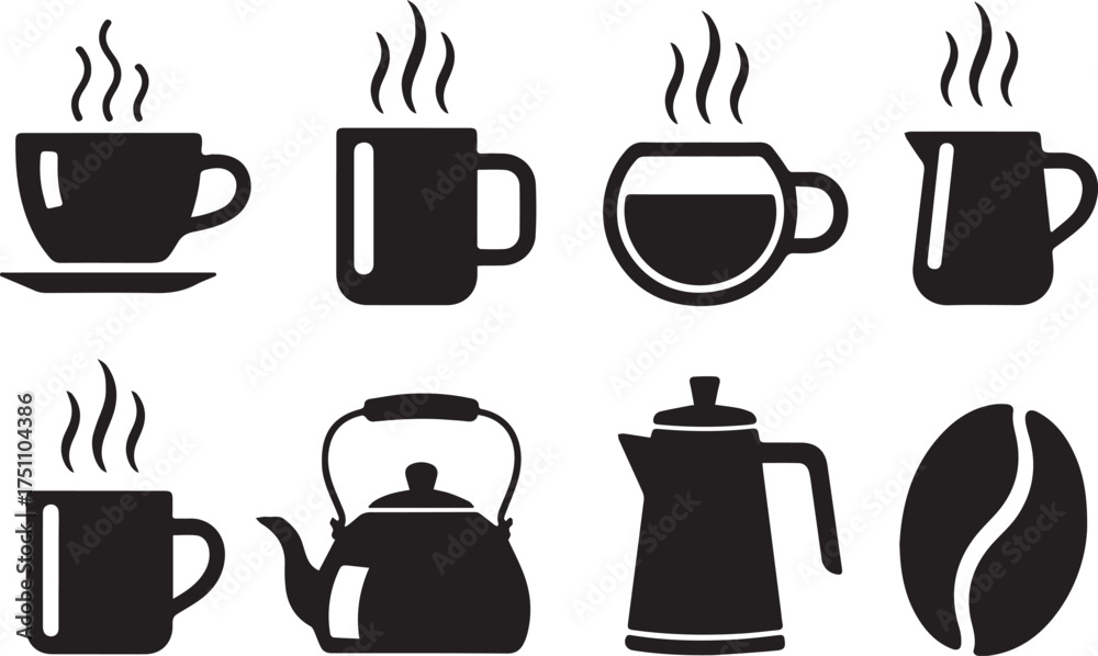 Obraz premium Black silhouette icons of coffee cups kettles and coffee bean steam