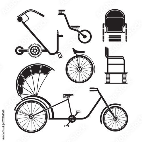 Traditional cycle rickshaw parts: vector set of vintage transport components.