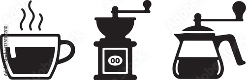 Black silhouette icons of steaming coffee cup grinder and carafe vector