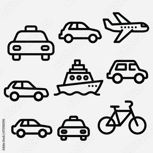 Set of various transport vehicle icons showcasing different modes of travel car, taxi, airplane, boat, and bicycle, presented in a minimalist outline style