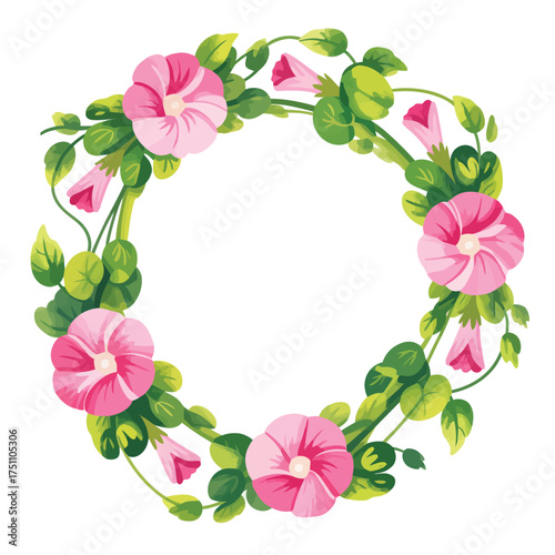 Delicate pink morning glory wreath with green leaves