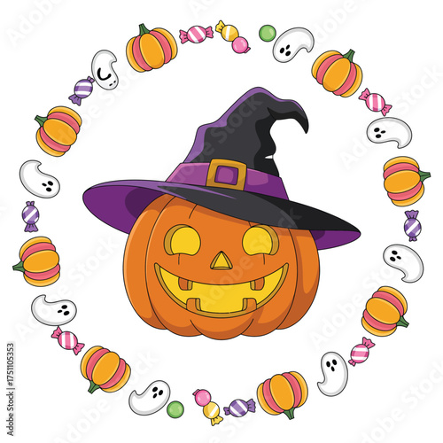 Smiling jack o lantern wearing a witch hat surrounded by halloween treats