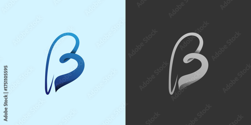 Obraz premium Modern Stylized Letter B Logo Design with Fluid Blue and Metallic Grey Variations.