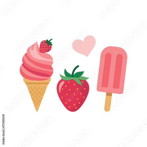 Sweet strawberry treats ice cream cone fruit and popsicle