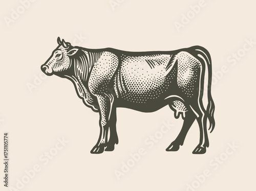Cow side view vintage engraving farm animal vector illustration