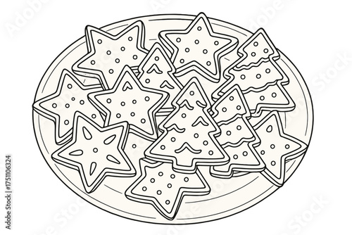 Christmas-themed sugar cookies on a decorative plate  