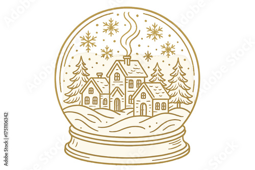 Snow globe with winter houses and trees in a festive style  