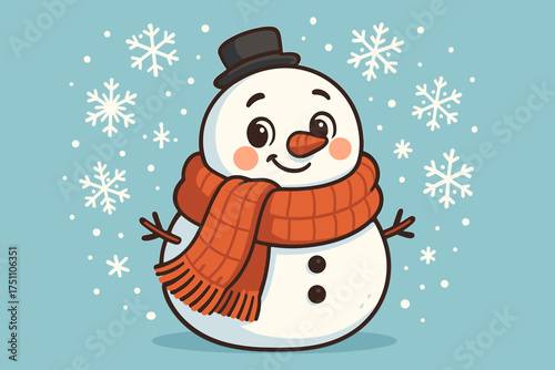 Cheerful snowman wearing a black hat and orange scarf with snowflakes  