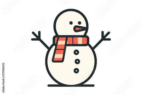 Snowman with a scarf smiling and standing on a white background  