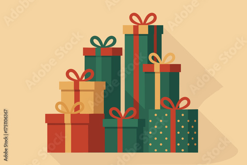 Colorful gift boxes stacked with ribbons on a beige background - Concept of Christmas vector  