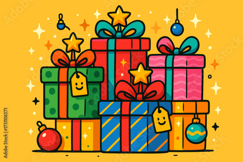 Colorful Christmas gifts stacked with ribbons and stars on yellow background  