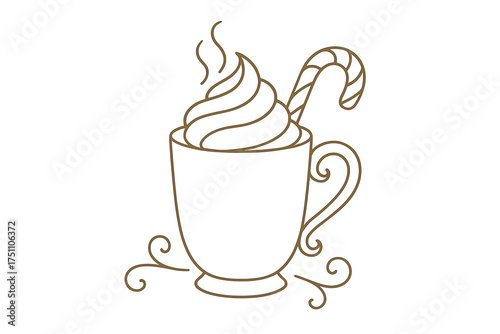 Hot chocolate mug with whipped cream and candy cane for Christmas vector  